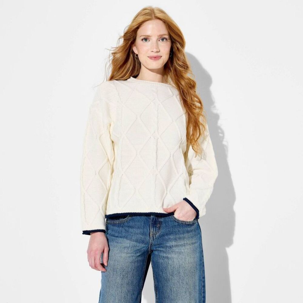 Women's Crewneck Cable Pullover Sweater - Wild Fable Off-White S